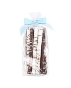 Chocolate pretzel rods in clear packaging