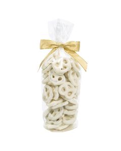 Packaged pretzels in round bottom bag with paper insert